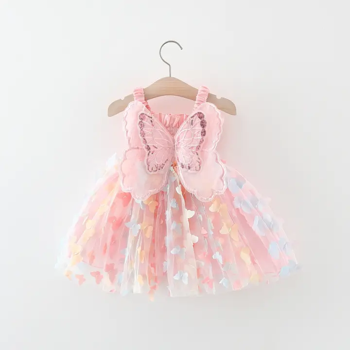 Vestido De Verano Para Niñas Con Impresión De Mariposa Arcoíris Y Alas De Mariposa Sin Mangas Falda De Terciopelo Vestido De Niña Estilizado De Manga Corta - 1