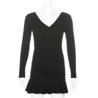 Vestido Mini De Punto Color Sólido Con Cuello En V Y Manga Larga Estilo Coreano Elegante Con Volantes Y Corte Bodycon Para Mujer Otoño - details 6