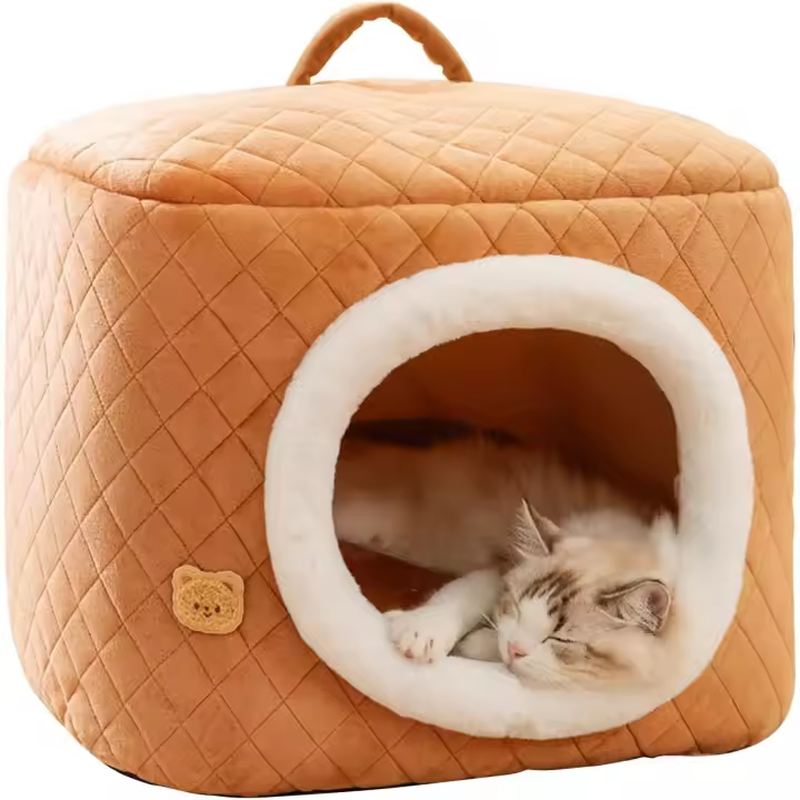 Cama cueva cálida 2 en 1 para gatos, tienda de campaña con almohada extraíble y lavable, acogedora y bonita cama cúbica para gatos, suave y cálida para perros (M, marrón) - 1