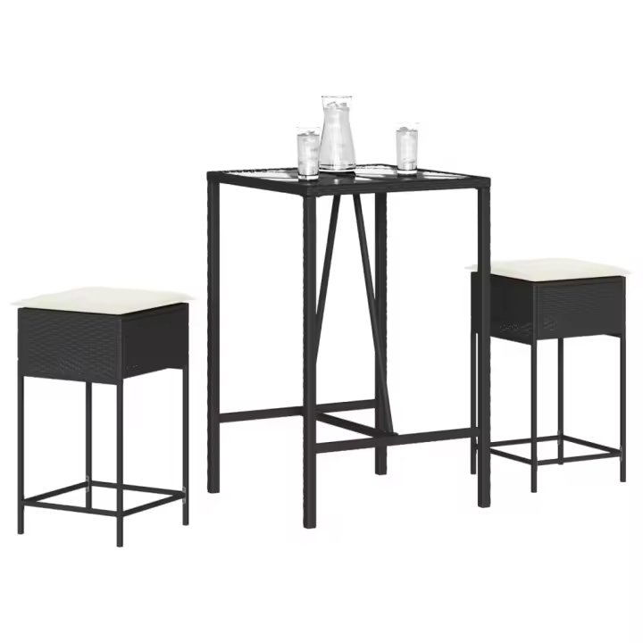 vidaXL Juego de bar de jardín de 3 piezas con cojines ratán PE negro - 1