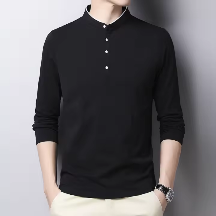 Camiseta Polo Casual Para Hombre Manga Larga Transpirable Y Cómoda Algodón Sólido Verano Moda Negocios Top Regular - 1