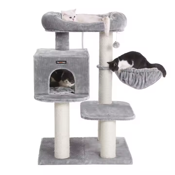Rascador para gatos con plataforma, tumbona de cesta, cueva grande, postes gruesos de sisal, estable, en beige o gris - 1