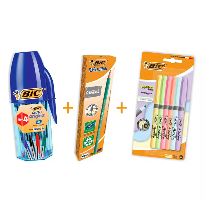 BIC Pack Regalo - Caja de 20 bolígrafos BIC Cristal de colores surtidos, 6 subrayadores pastel Highlighter Grip y 12 lápices de grafito HB - 1