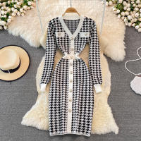 Vestido Largo De Punto Vintage REALEFT Para Mujer Cuello V Manga Larga Botones Estilo Clásico Otoño Invierno Talla Regular - details 0