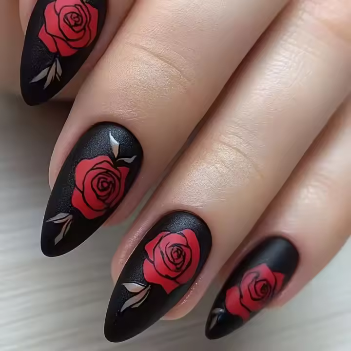 Arte De Uñas De Almendra Con Rosas Rojas Y Accesorios De Hoja Metálica 24 Piezas Destacando La Misteriosidad Y Romantismo En Tus Manos - 1