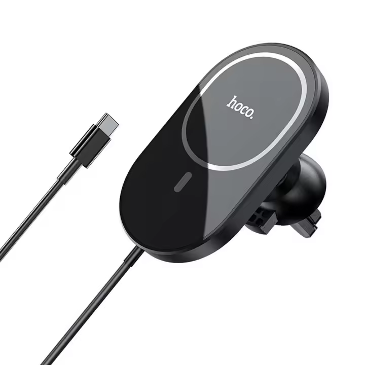 Soporte de coche HOCO CA90 con carga inalámbrica MagSafe 15W. Compatible con iPhone 12/12 Mini/12 Pro/Pro Max, 13/13 Mini/Pro/Pro Max, 14/14 Plus/Pro/Pro Max. Fijación magnética segura y carga rápida. Color negro. - 1