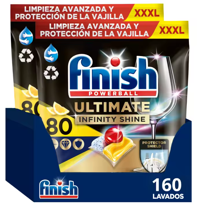 Finish - Finish Powerball Ultimate Infinity Shine, pastillas para el lavavajillas con protección de la vajilla, Limón, 160 pastillas - 1