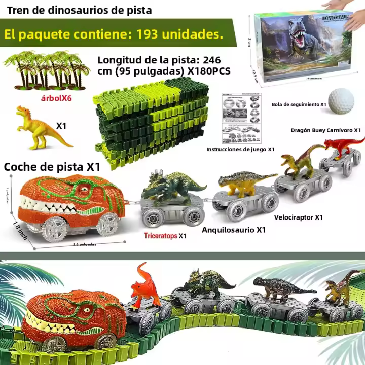 Juego De Juguete Para Niños Dinosaurio 193pcs Carreras En La Carretera Del Mundo Set De Juego Flexible Con Coche De Tren Para Regalos De Navidad Y Cumpleaños - 1