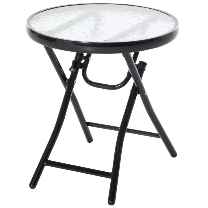 Outsunny Mesa de Vidrio Redonda Plegable Mesa de Jardín con Hebilla de Seguridad Borde Cubierto de Metal Patio Interior y Exterior Ø45x50 cm Negro - 1
