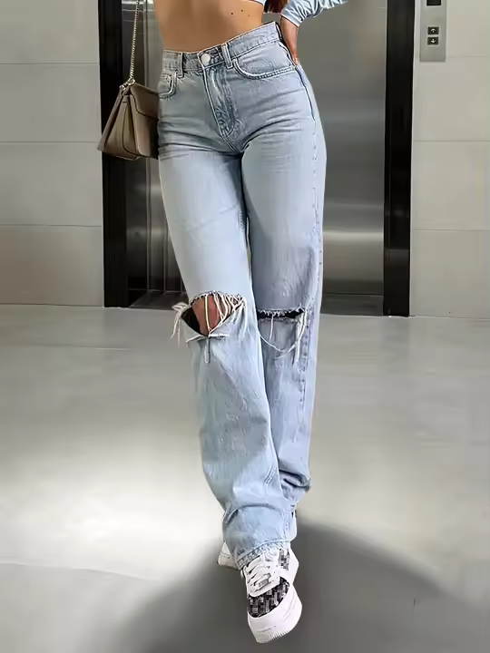 Women's Denim Ripped Straight Pants High Waist Elastic Slim Fit Casual Cotton Polyester Spandex Full Length Jeans - 1