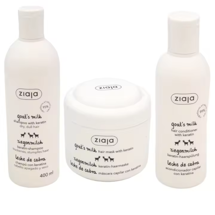 Set Ziaja – Champú, Acondicionador y Mascarilla con Leche de Cabra. Propiedades Nutritivas y Regeneradoras para Fortalecer Cabello Seco, Dañado y sin Brillo. Cuidado Capilar de Forma Vegana y Natural para una Cabellera Saludable y Radiante - 1