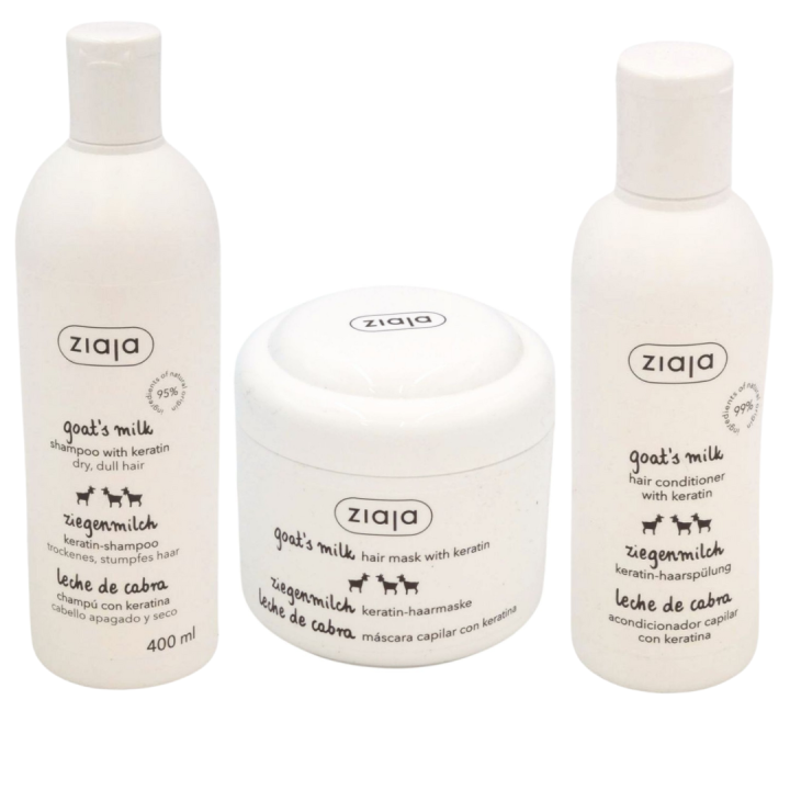 Set Ziaja – Champú, Acondicionador y Mascarilla con Leche de Cabra. Propiedades Nutritivas y Regeneradoras para Fortalecer Cabello Seco, Dañado y sin Brillo. Cuidado Capilar de Forma Vegana y Natural para una Cabellera Saludable y Radiante