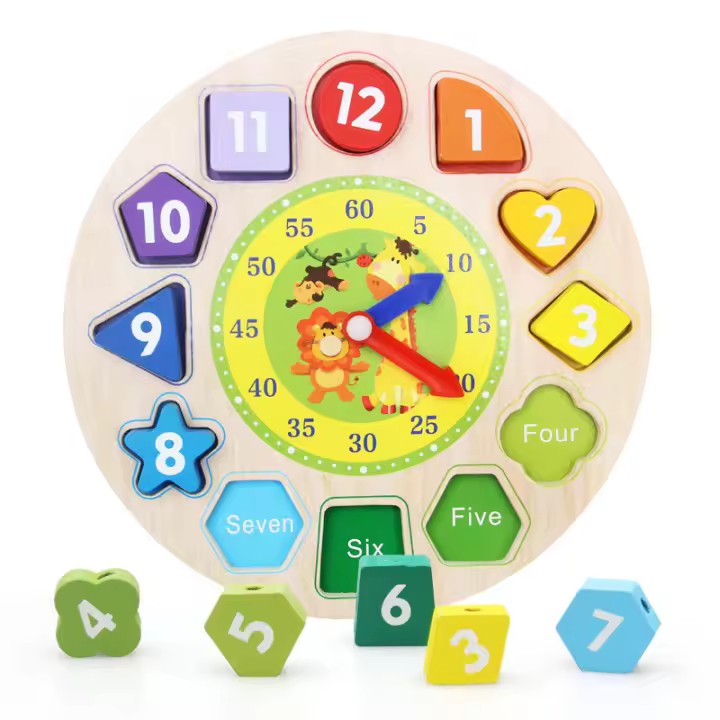 Reloj didáctico de madera, rompecabezas, juguetes de reloj, juguete educativo de madera con números y formas, bloques de clasificación - 1