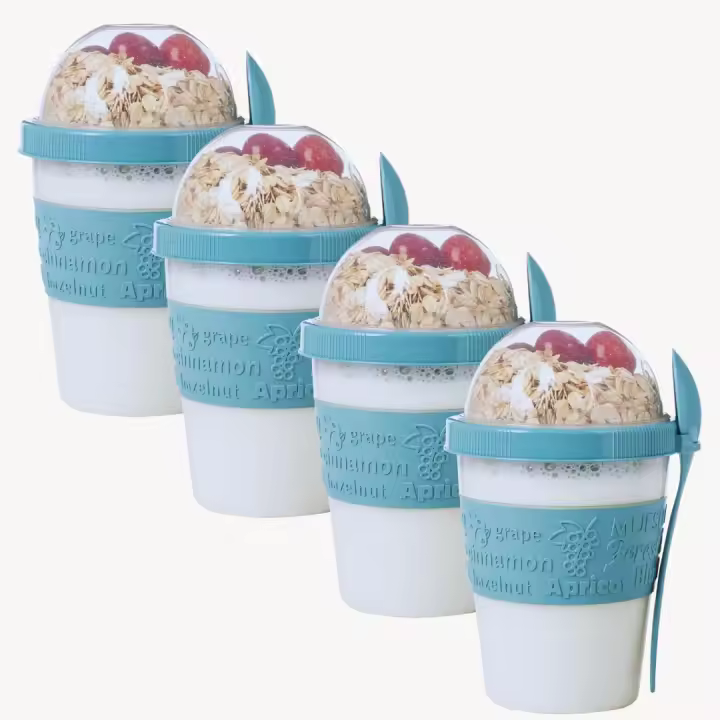 EYNEL 4 Pack On The Go Cereal Yogurt Cups with Lids and Spoon, Overnight Oats Container, Reusable Parfait Plastic Milk Pot Breakfast Crunch Granola Oatmeal Smoothie Snack Prep Jar (Turquoise - 4 Pack) - 1