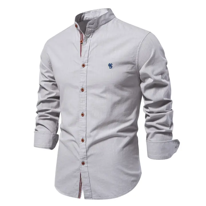 Camisa delgada de primavera y verano, camisa de manga larga de color sólido de negocios de moda para hombres de estilo japonés informal de algodón y lino para hombres (talla de EE. UU.) - 1