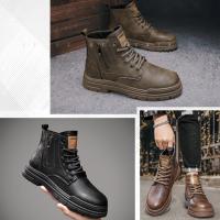 Botas De Cuero Casual Para Hombre Invierno Botas De Trabajo Antideslizantes Alta Top Ankle Biker Zapatos Negros De Diseñador Botines De Tacón Plano Redondos - details 2