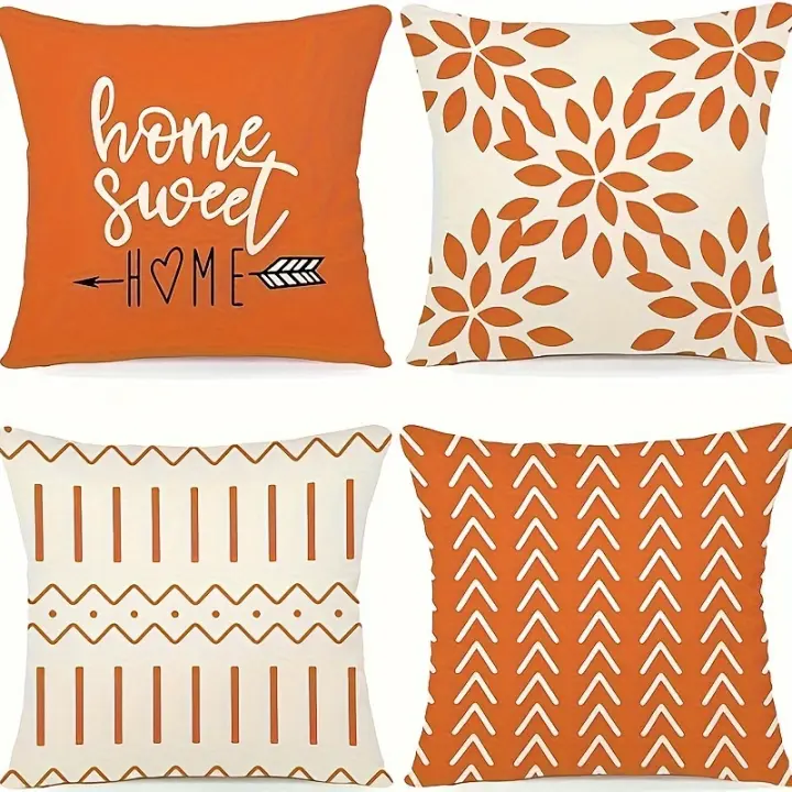 Fundas de almohada de lino modernas de 4 piezas, Fundas de cojín con cremallera estampadas contemporáneas, fundas de almohada decorativas tejidas lavables a máquina para sofá y ventana de dormitorio-100% lino - 1