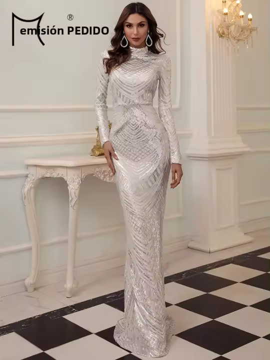 Vestido Largo Bodycon Elegante Para Mujer Missord Con Cuello Alto Y Lentejuelas Manga Larga Para Fiesta De Noche Otoño Invierno - 1