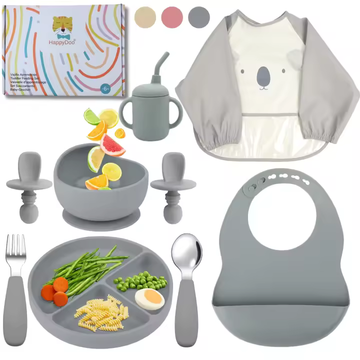 HappyDoo | Vajilla Bebe | 11 Piezas | Plato Bebe Ventosa | Cuenco | Vaso Bebe | Babero Bebe Impermeable | Babero | Cubiertos Bebe | Vajilla Infantil | En Caja para Regalar - 1
