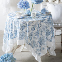 Mantel De Porcelana Azul Y Blanco Con Bordado En Algodón 100% Resistente Al Agua Y Aceite Con Borde De Hoja De Loto - details 0