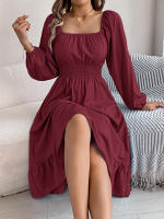 Vestido A-Line De Mujer Elegante Otoño Invierno Color Sólido Cuello Cuadrado Manga Larga Volantes Vestido Midi Casual Polyester Spandex - details 7