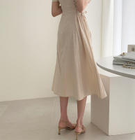 Vestido Largo De Algodón Y Lino Para Mujer Estilo Retro Vintage Con Manga Corta Diseño Sólido A-Line Cuello V Moda De Oficina - details 5
