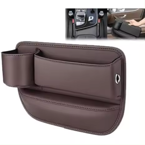 Caja de almacenamiento para asiento de coche, bolsa de cuero para portavasos, caja de almacenamiento para asiento de coche con portavasos, caja de almacenamiento para espacio de asiento (marrón, asiento del conductor) - 1