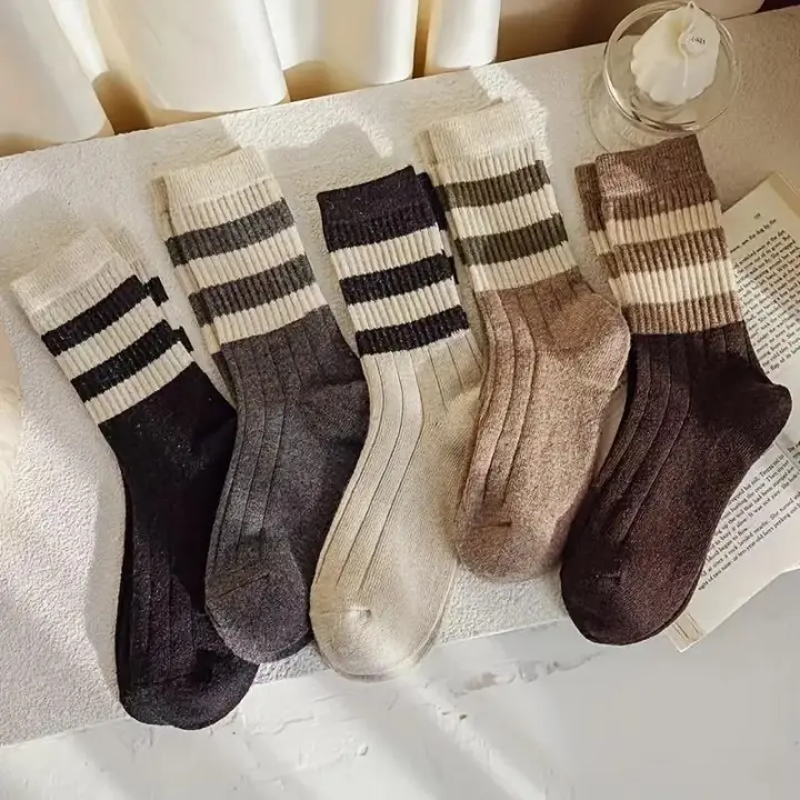 5 Pares De Calcetines De Punto Con Estampado Rayado Comodidad Y Suavidad Medio Tubo Calcetines Para Mujer Stockings Y Hosiery - 1
