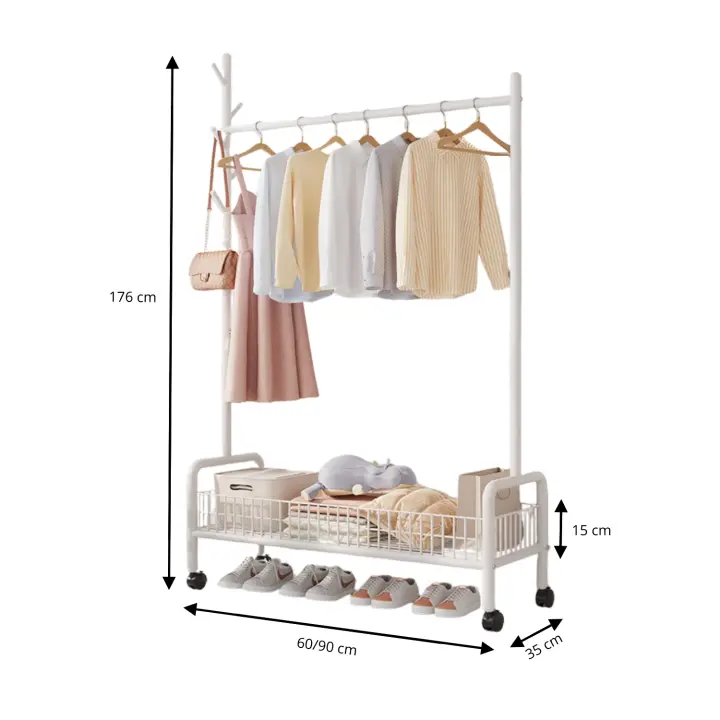 LUTODY - Perchero de pie burro metálico con ruedas, Zapatero, Cesto de almacenamiento para ropa, Zapatos, Bolsos y accesorios - Multifuncional para salón, dormitorio, sala de estar, recibidor y entrada - 1