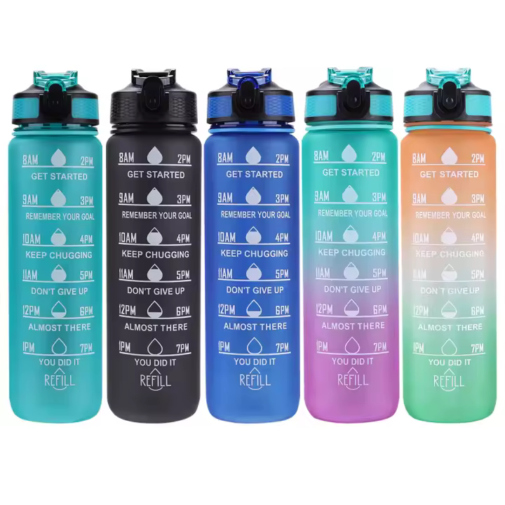 Botella Deportiva De 1000ml Con Tapa Y Marca De Tiempo Para Exteriores Camping Copo De Bebida Portátil Antigrado Y Reutilizable Para Estudiantes - 1