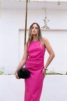 PuntoSalao Vestido largo en lino color rosa para mujer fruncido en cintura - details 1
