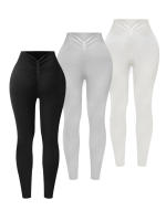 Pantalones De Yoga De Color Sólido Con Cintura Alta En V Y Costuras Sin Marcas Para Mujer Leggings De Gimnasio Y Correr Con Estiramiento Alto Tejidos En Ribete - details 2