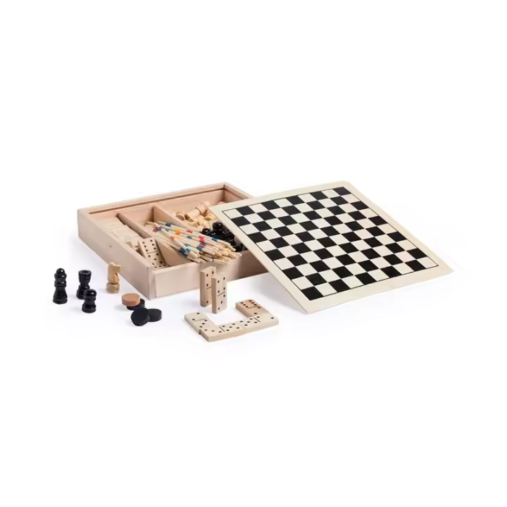Lote 10 Set de 4 Juegos en estuche de madera. Incluye mikado, ajedrez, damas y dominó Regalos infantiles adolescentes hombres bodas comuniones cumpleaños - 1
