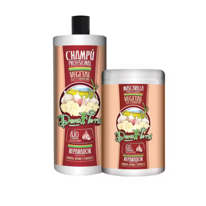 Dona Flora - Champú + Mascarilla de pelo 1000 ml - Reparador Vegetal de Ajo y Keratina - Fortalece y Nutre el Cabello Dañado - Promueve Crecimiento - Reduce Frizz y Aporta Brillo - 1