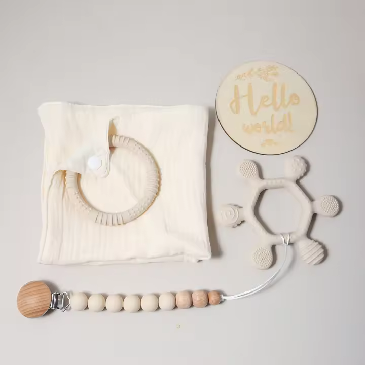 Conjunto De Toalla De Algodón Muselina Para Bebé Con Cadena De Biberón Y Mordedor De Silicona Y Madera Unisex Para 0-1Años - 1
