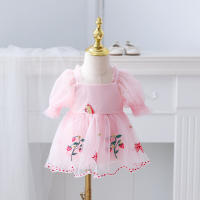 Vestido De Princesa Para Bebé Verano Con Manga Puff Y Gran Lazo Bordado De Fresa Falda Enredadera Para Niñas Ropa De Salir - details 4