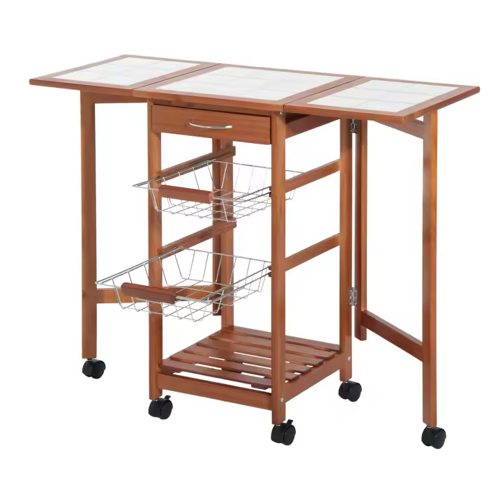 HOMCOM Mesa Auxiliar Cocina 91x37x75 cm Plegable 6 Ruedas 1 Cajón 2 Cestas Carrito Servicio Pino Metal Cromado - 1