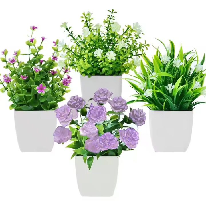 Plantas de Flores Artificiales, Pequeñas Plantas Artificiales en maceta,Flor Falsa,4 Piezas Mini Plantas Artificiales with Metas Pequeñas Plantas Falsas with Flores para Mesa Oficina Mesa Sala Baño Decoración Interior - 1