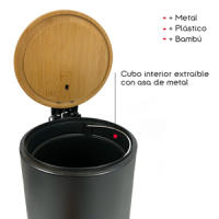 TIENDA EURASIA - Papelera de Metal con Tapa de Bambu, 3L, 17x22,5x23,5 cm, Cubo de Basura Pequeño Extraíble, con Pedal - details 2