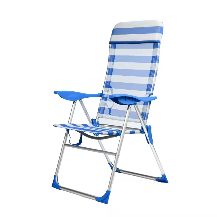 Silla de Playa Plegable con Reposabrazos, Portátil Silla Ligera Estructura de Acero Resistente, Silla Color Puro / Estampado a Rayas para Piscina Camping Jardín, Sillón Reclinable de 6 Posiciones con Reposabrazos - 1