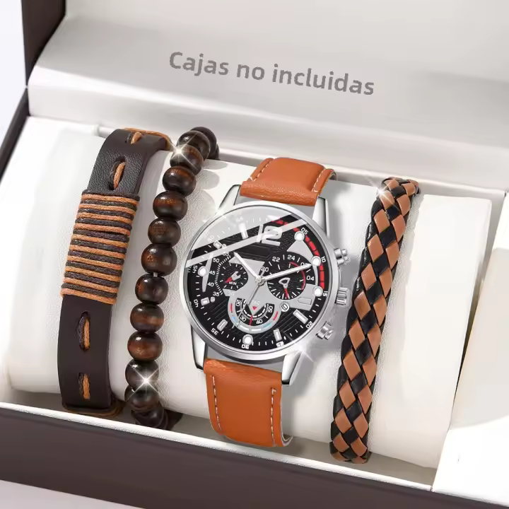 Reloj De Cuarzo Para Hombre Marrón Con Correa De Cuero Set De 4 Piezas Elementos Mecánicos Moda Regalo Ideal Para Él - 1