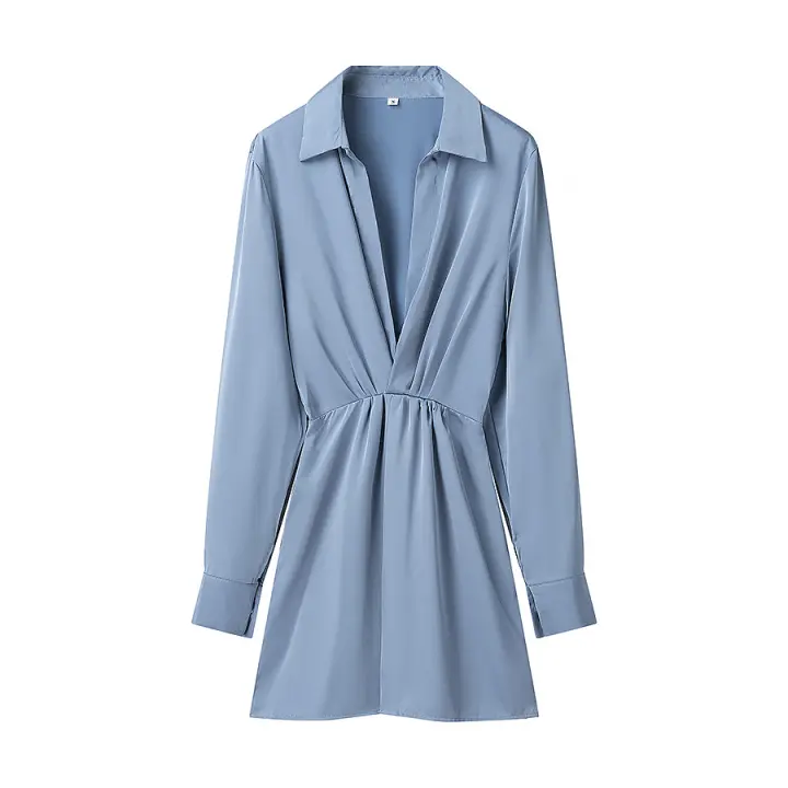 Spring 2025 Women Solid Lapel Collar V Neck Long Sleeve Dress Elegant A-line Office Mini Dresses Female Vestidos - 1