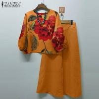 ZANZEA Conjunto De Blusa Y Pantalones Bohemio De Mujer Estampado Floral Otoño 2024 Traje De Pierna Ancha Estilo Vintage Polyester - details 3
