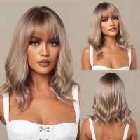 Pelucas Sintéticas De Ombre Negro Marrón Con Flequillo Textura Ondulada Resistente Al Calor Para Fiestas Y Cosplay Peluca Médium Para Mujeres Afro - details 14