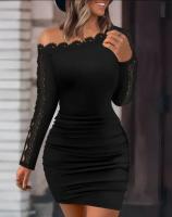 Vestido Casual De Mujer Para Primavera/Verano Con Encaje Spliced Color Sólido Slim Fit Con Manga Larga Y Cuello En Un Solo Hilo Para Comunicación Diaria - details 0