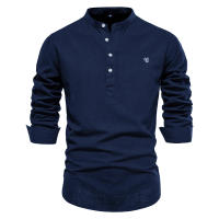 Camisa delgada de primavera y verano para hombre, moda informal, color sólido, talla europea, camisa de manga larga, top bordado de algodón y lino - details 4