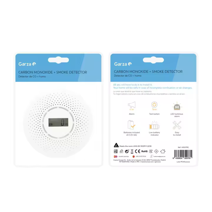 Garza Detector CO y Humo - 360º | Ideal para Zonas de Riesgo | Alarma 85db | Sin Cable | Pila Incluida | Garantía 5 Años - 1