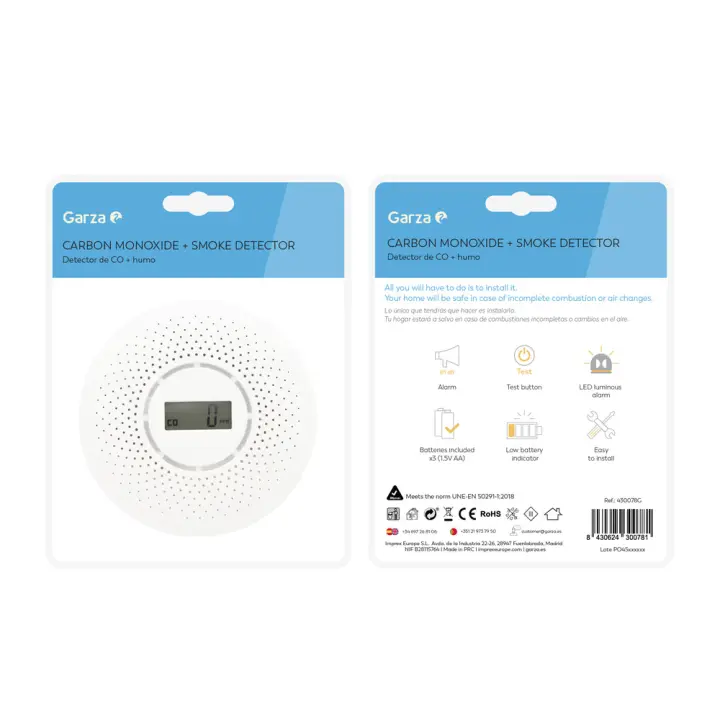 Garza Detector CO y Humo - 360º | Ideal para Zonas de Riesgo | Alarma 85db | Sin Cable | Pila Incluida | Garantía 5 Años - 1