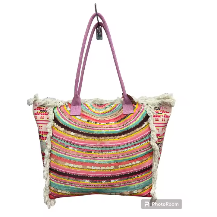 MEJORADA Bolso de playa o piscina grande con estampados del estilo original con fleco de borla blanco de algodon,tamaño 55*37*19CM.contiene bolsillos interior y forros.tejido 100% poliéster - 1