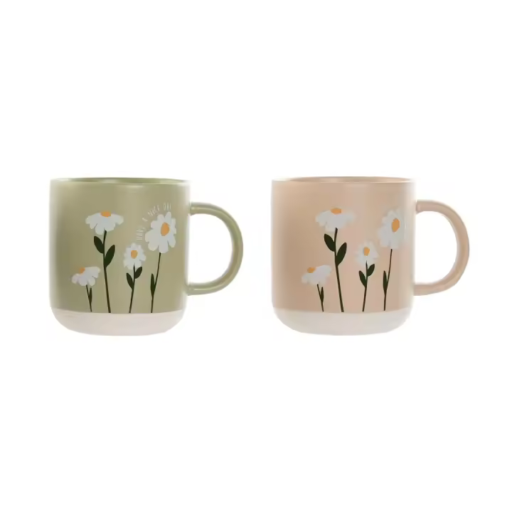 Set de tazas mug porcelana 365ml diseño floral margaritas con acabado mate, medidas 12x8.5x9.3cm. Estilo moderno y minimalista ideal para café, té, cocina, comedor, oficina, regalo o decoración - 1